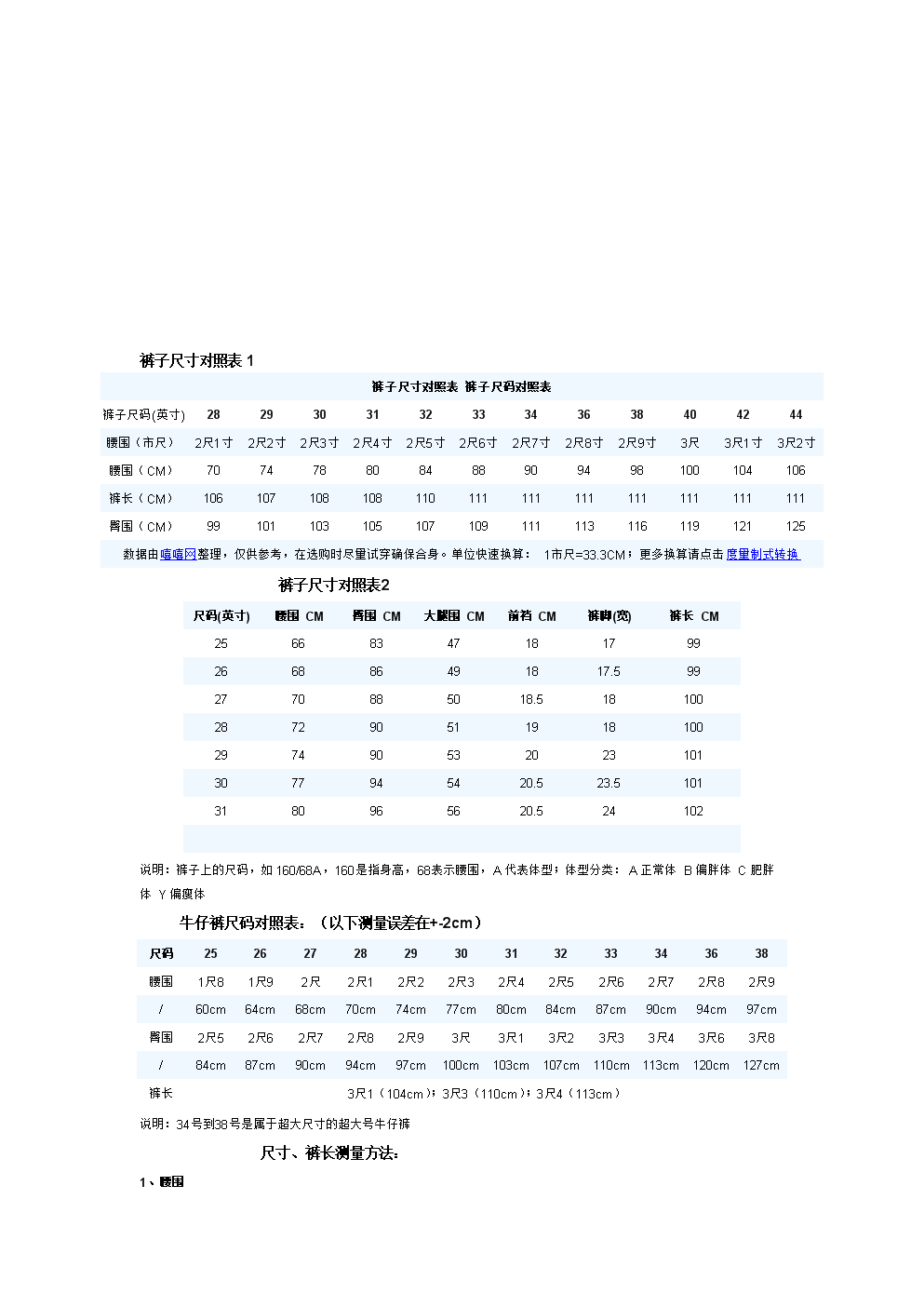 褲子美國尺碼和中國尺碼對照表_美國褲子尺碼對照表_美國褲子尺碼30x30
