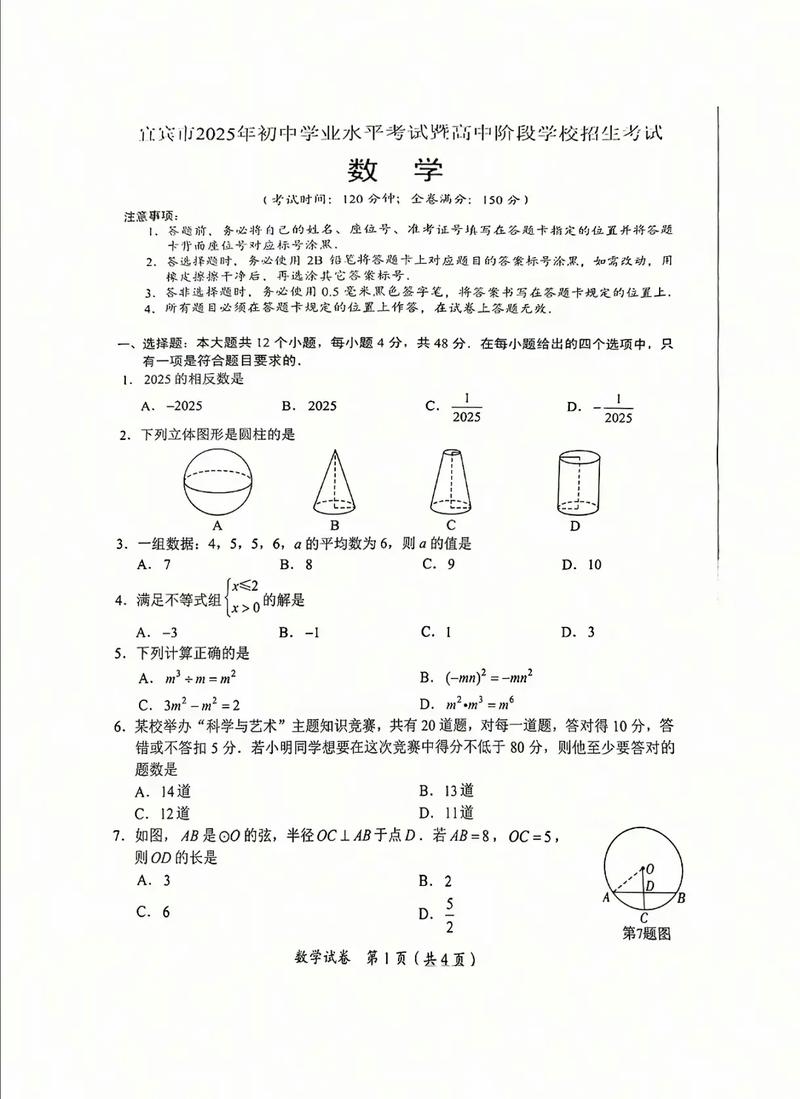 宜賓市2025年初中學業水平考試數學答案_2025宜賓中考數學試題及答案_宜賓市2025年初中學業水平考試數學真題